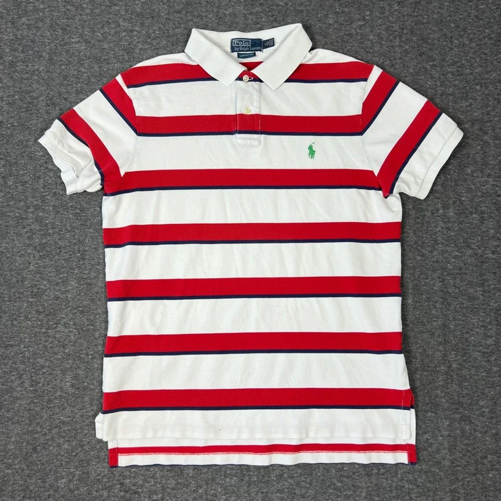 Vintage Polo Ralph Lauren Polo Shirt Men's Large Red White Striped Custom Fit